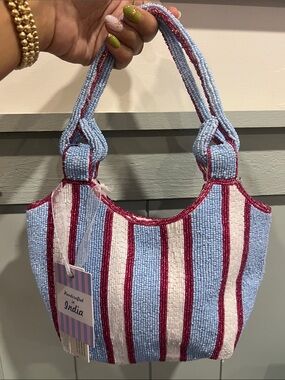 Handcrafted India Beaded Stripe Tote Bag in Light Blue, White & Magenta